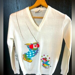 Vtg Cyn Les Shirlee Designs White Clown Sweater